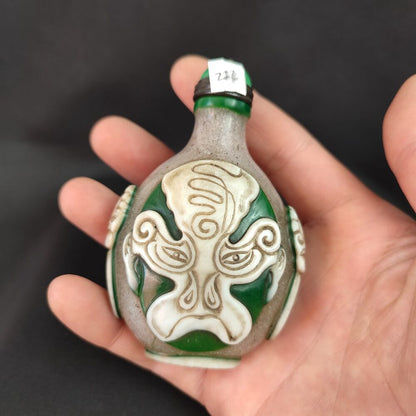 Old Peking Glass Snuff Bottle box overlay snuffbox mask carvings folk art rare