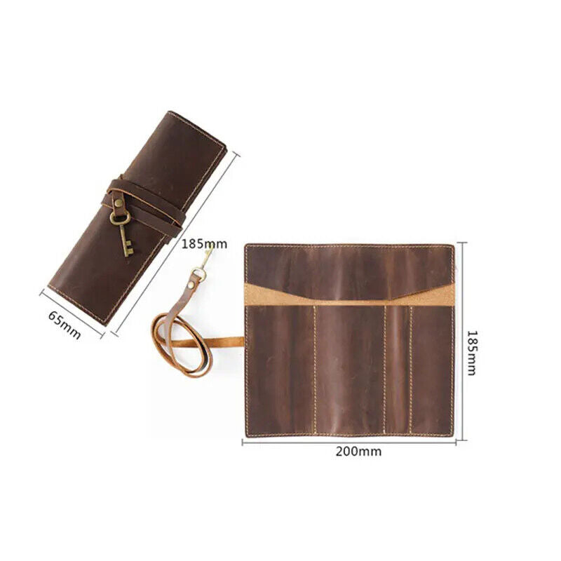 Pencil Case Genuine Leather Tie Rope W/Key Pen School Storage Bag Holder 20x18cm