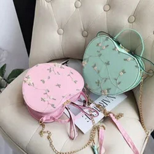 Sweet Lace Round Handbags Synthetic Leather Crossbody Bags Small Flower Chain