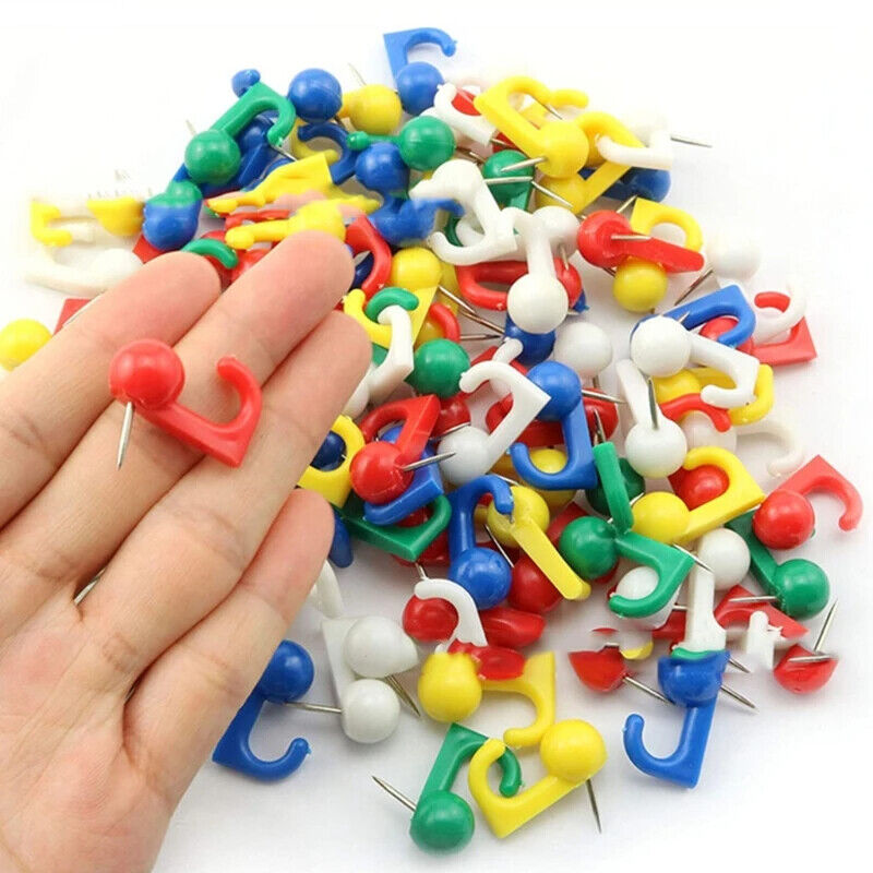 Message Board Holder 50Pcs Metal Plastic Hook-Shaped Push Pins Paper Thumb Tacks