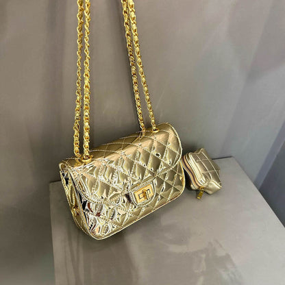 Quilted Patent Leather Small Flap Purse w/ Chain & Star Shoulder Bag Fashion