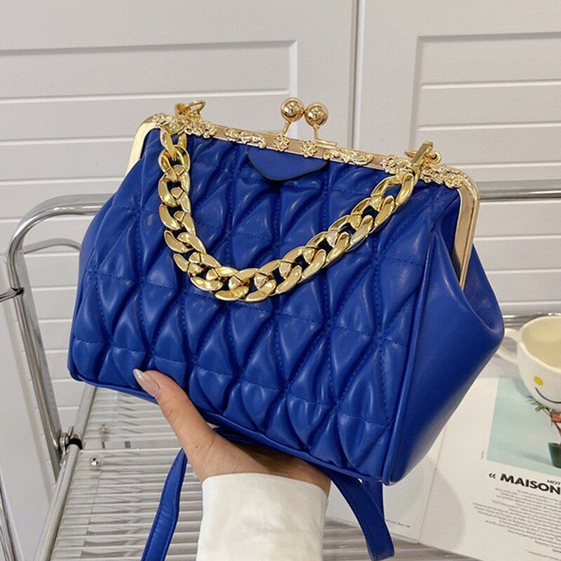 Shoulder Bag Beige Blue Messenger Thick Chain Sling Bag Synthetic Leather Clutch