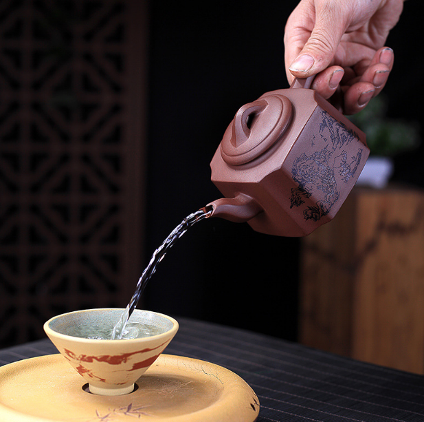 Yixing purple clay pot raw ore Purple mud manual Kung Fu tea set picturesque, co