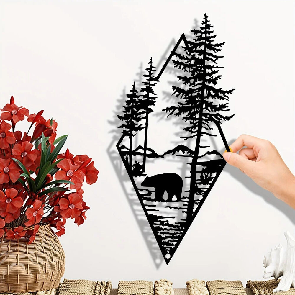 Metal Wall Art Bear Pine Tree Wall Decor Cut Metal Art Metal Wall Decor