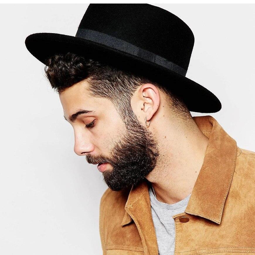 Flat Top Hat Wool Pork Pie Boater Fashion for Men Women Wide Brim Gambler Hat