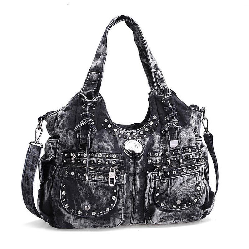 Ladies Punk Rock Travel Denim Rivet Shoulder Handbag Messenger Denim Bag Fashion