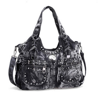 Ladies Punk Rock Travel Denim Rivet Shoulder Handbag Messenger Denim Bag Fashion