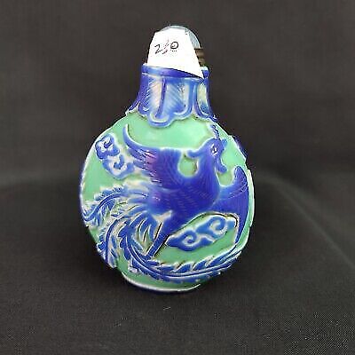 vintage chinese snuff bottle blue phoenix statue carving peking glass glaze fine