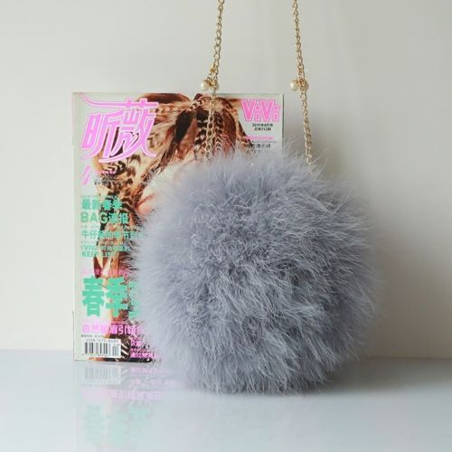 New Designer Fluffy Genuine Feather Clutch Fur Bag Round Chain Purse Multi-color