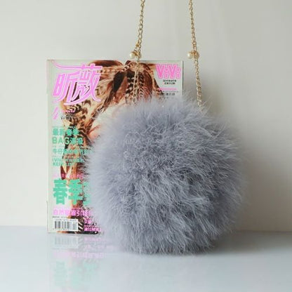 New Designer Fluffy Genuine Feather Clutch Fur Bag Round Chain Purse Multi-color