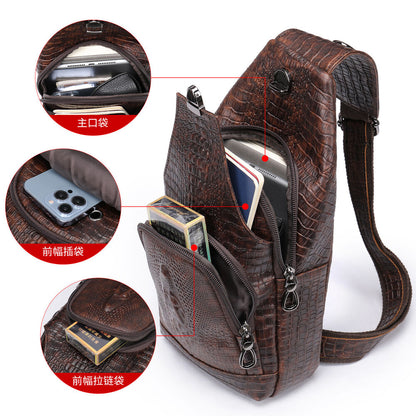 Men's Sling Backpack 100% Genuine Leather Crocodile Crossbody Chest Bag Daypack