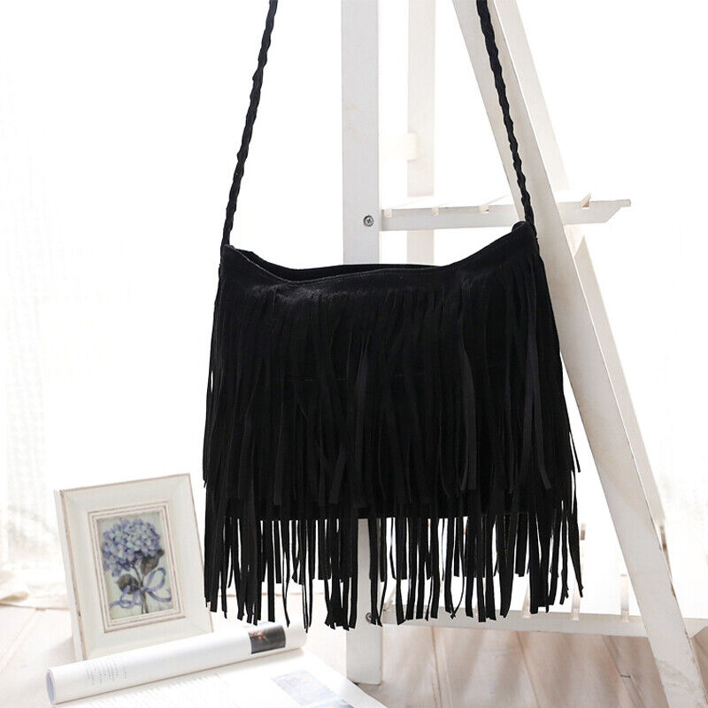 Tassel Crossbody Shoulder Bag Outdoor Travel Bag Suede Fabric Leather Women