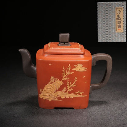 Chinese Yixing Zisha Clay Handmade Exquisite Teapot （四方 底款：曼希陶艺）