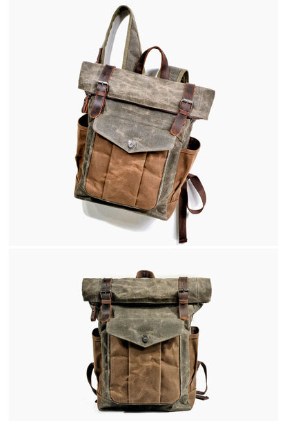 Water Resisant Vintage Waxed Canvas Backpack Fold-Over Satchel Laptop Bag Travel