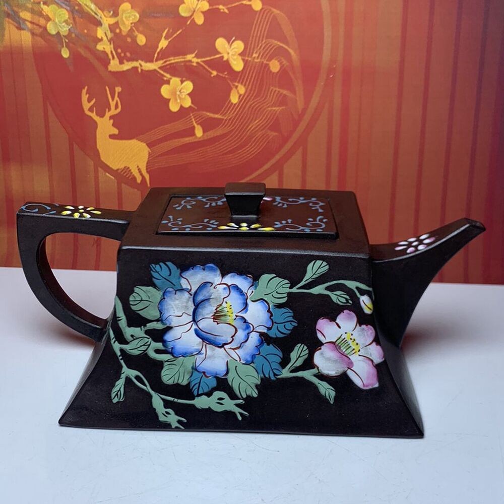 Vintage Chinese Yixing Purple Clay Teapot Zisha Painted Flower Bird Teaware Rare