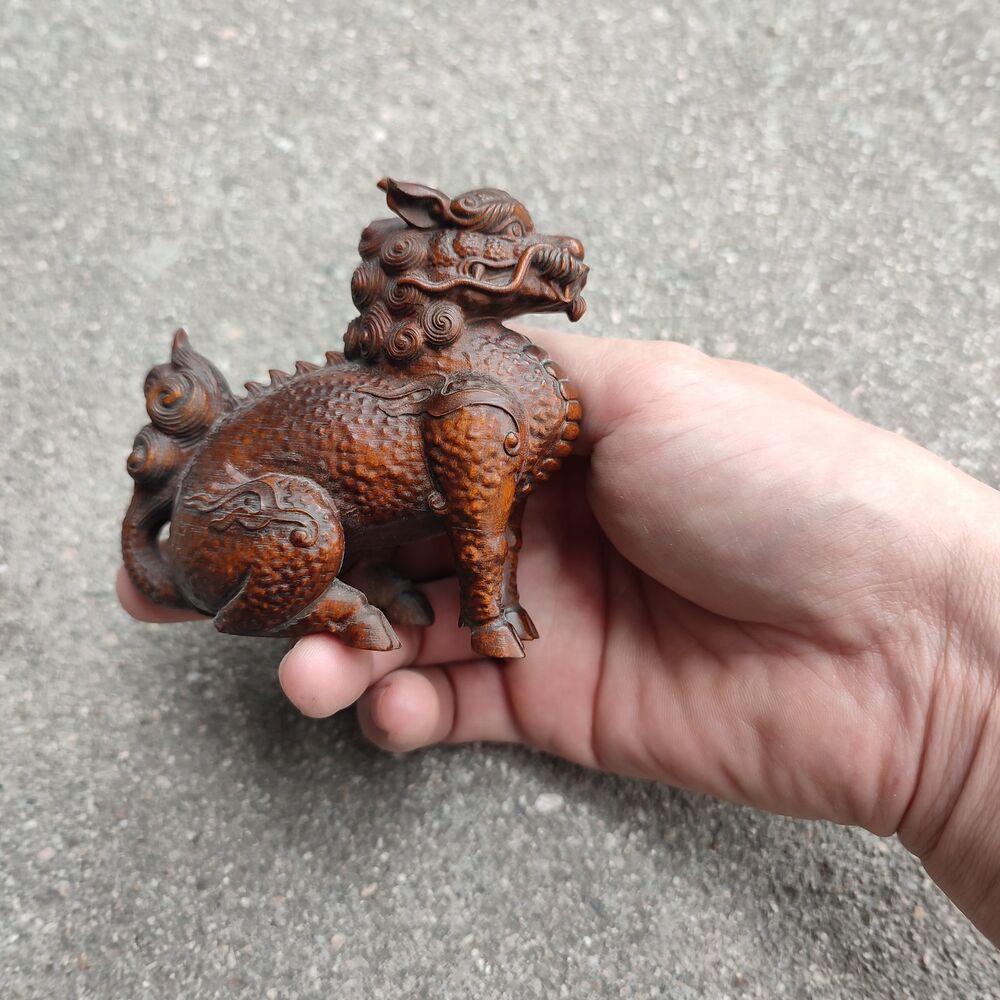 Chinese Wooden Dragon Statue unicorn Wood Carving Room desk Decorative Sculpture