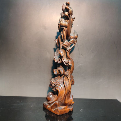 8" Vintage Wooden Carved Holding Lotus Kwan Yin Bodhisattva Statue Wood Figure