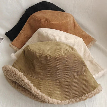Women Winter Bucket Hat Warming Panama Cap Lady Fluffy Corduroy Double-Side Wear