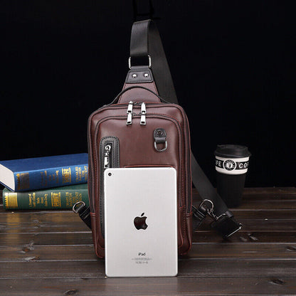 Sling Backpack Men's PU Leather Crossbody Bag Chest Bag Sport Sling Shoulder Bag