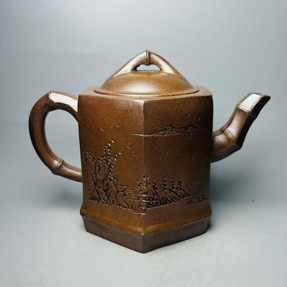 Vintage Chinese Yixing Purple Clay Teapot Zisha Ceremony Carving Landscape Rare