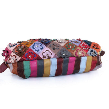 New Genuine Leather Colorful Floral Patchwork Handbag Women's Tote Shoulder Bags