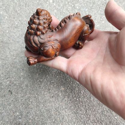 Chinese Unicorn Fabulous Kylin Dragon Statue Figurine Boxwood Carved Home Decor