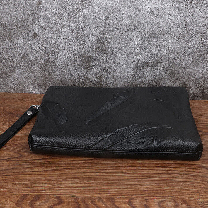 100% Genuine Leather Men Black Wallet Clutch Leaves Embossed Zipper Envelope Bag