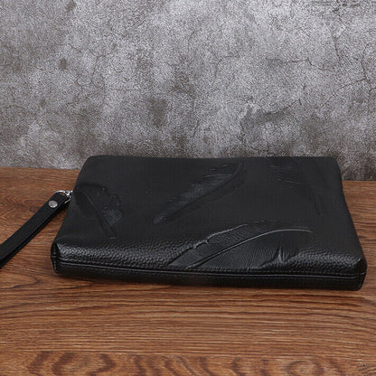 100% Genuine Leather Men Black Wallet Clutch Leaves Embossed Zipper Envelope Bag
