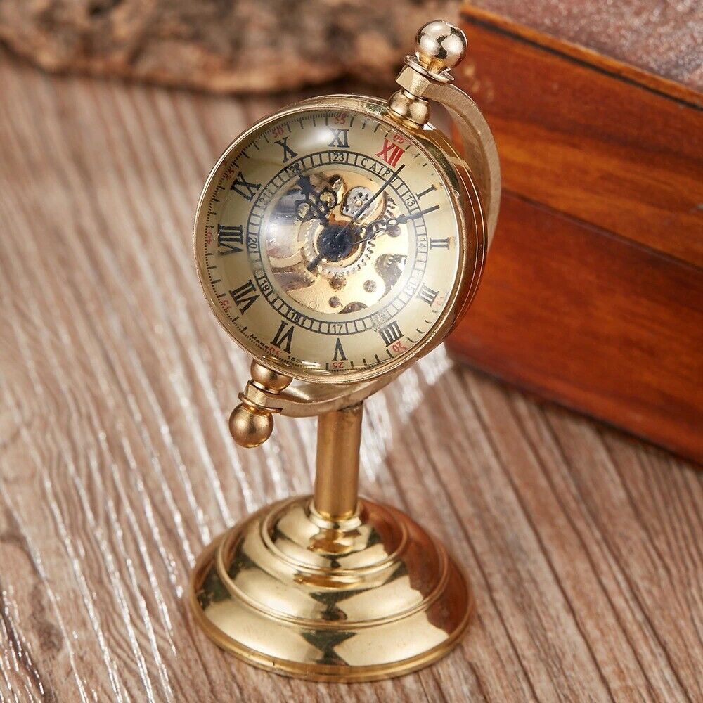 Pocket Watch Alloy Globe Shaped Golden Mechanical Hand Wind Unique Desk Ornament