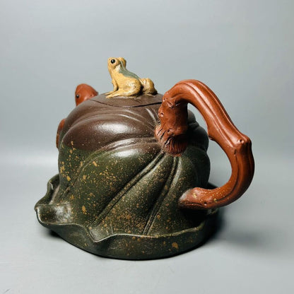 Vintage Chinese Yixing Purple Clay Teapot Zisha Ceremony Lotus Leaf Frog Tea Set