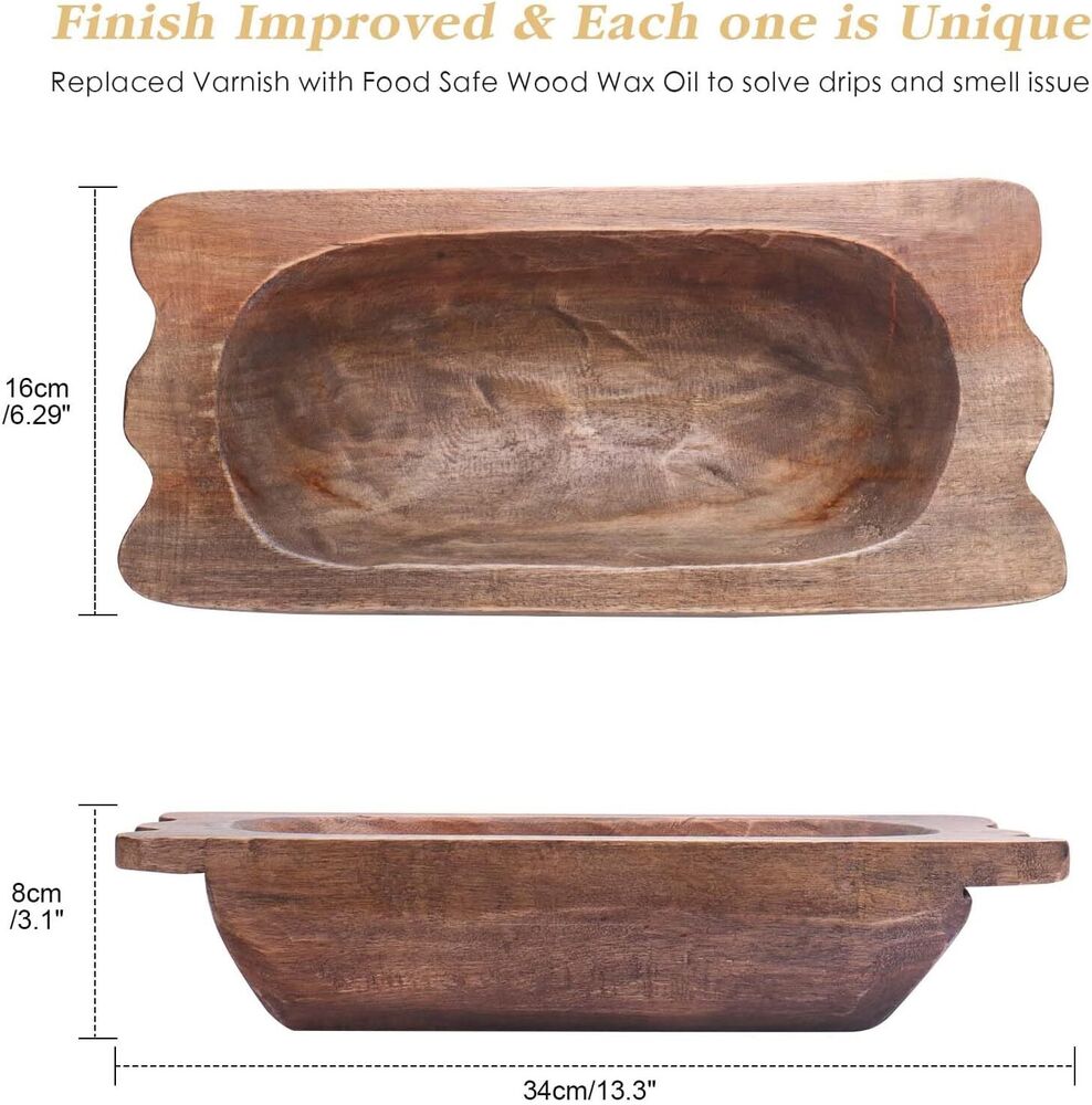 Hand Carved Wooden Dough Bowl Decor with Handles Natural Decorative Farmhouse