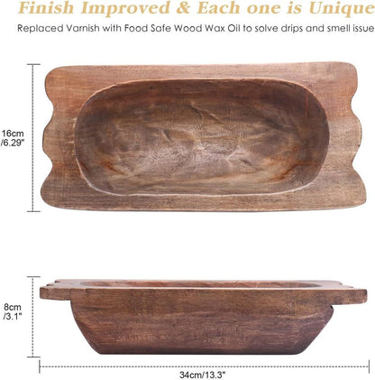 Hand Carved Wooden Dough Bowl Decor with Handles Natural Decorative Farmhouse