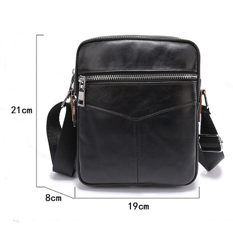 100% Cowhide Leather Double Zipper Shoulder/Messenger Bag Black Men's Sling Bag