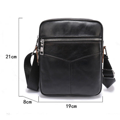 100% Cowhide Leather Double Zipper Shoulder/Messenger Bag Black Men's Sling Bag