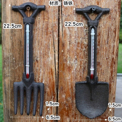 Home Wall Decoration Courtyard Decor Cast Iron Rake Key Thermometer 9.2x1x23.3cm