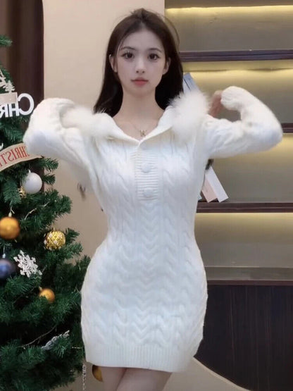Winter Woman Sweater Feathers Neck Chic Sweater Hoodies Dress Dress Outwear