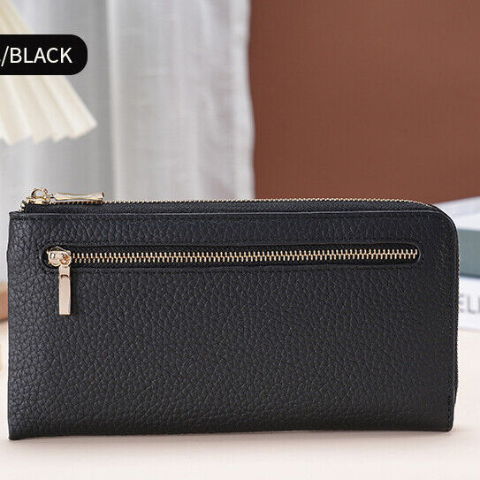 Togo Leather Women's Long Wallet, RFID Blocking Card Holder Zipper Clurch bag