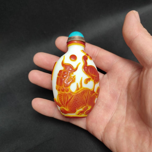 Chinese Crane Statue Carved Glass Snuff Bottle Orane Sculpture dragon kylin Rare