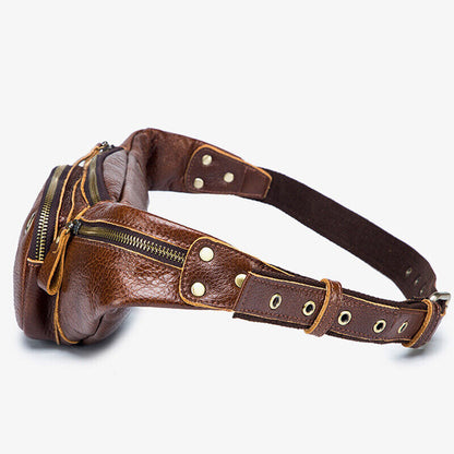 Men's Outdoor Genuine Leather Retro Waist Fanny Pack Crossbody Sling ShoulderBag