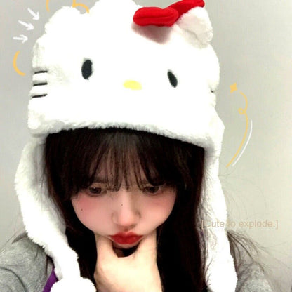 Kuromi Cinnamoroll Hello Kitty Plush Hat Girls Winter Warm Plush Hat Ear Cap NEW