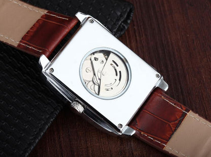 Retro Men's Watch Automatic Mechanical Wrist Watch Skeleton Leather Rectangle