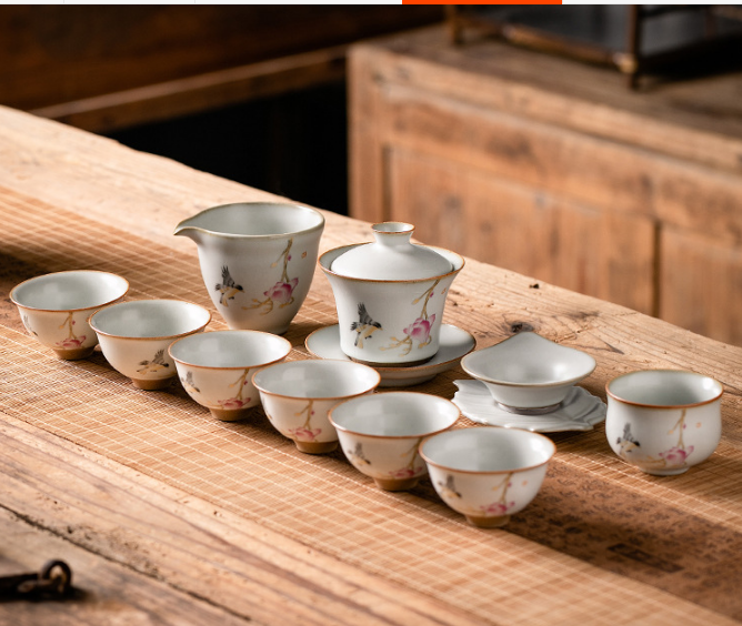Antique moon white Ru kiln split horseshoe Sancai cover bowl tea set set