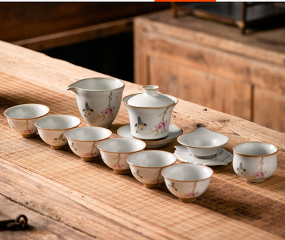 Antique moon white Ru kiln split horseshoe Sancai cover bowl tea set set