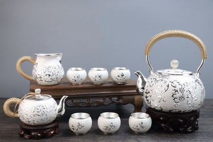 Sterling Silver Tea Set Stove Kettle Tea Pot Tea Cups 100% 999 Silver Snowflake