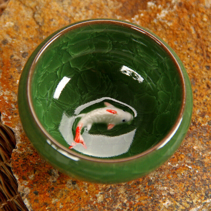 Colorful Ice-Crackle Porcelain 8 Colors Tea Cup With Fish Pattern Ceramic saucer