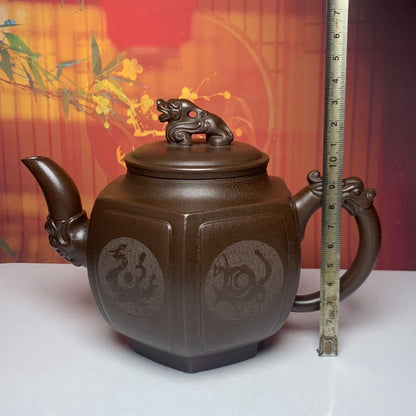 Vintage Chinese Yixing Purple Clay Teapot Zisha Ceramic Carving Beast Tea Set