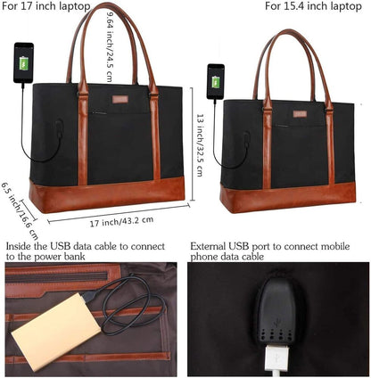 Woman Laptop Tote Bag,USB Teacher Bag Large Work Purse Fits 17.3 Ablack