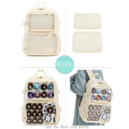 Girls Large School Pink Backpack Two Clear Pockets Display Women Big Bag