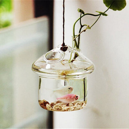 Hanging Glass Vase Mushroom-Shapes Planters Small Rumble Fish Tank 8.5x10x10.5cm