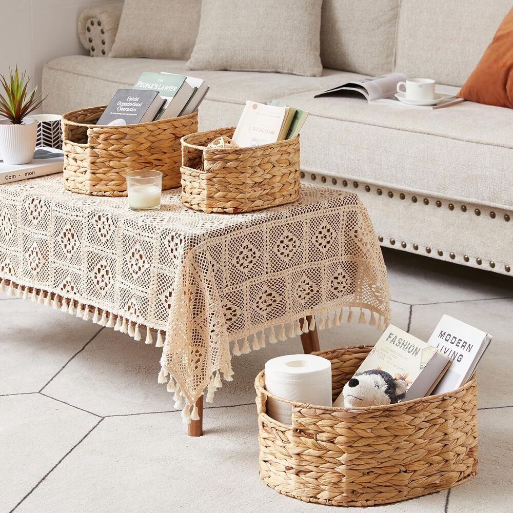 Woven Wicker Basket Storage Built-In Handles Rattan Shelves Organizer 3 Pcs